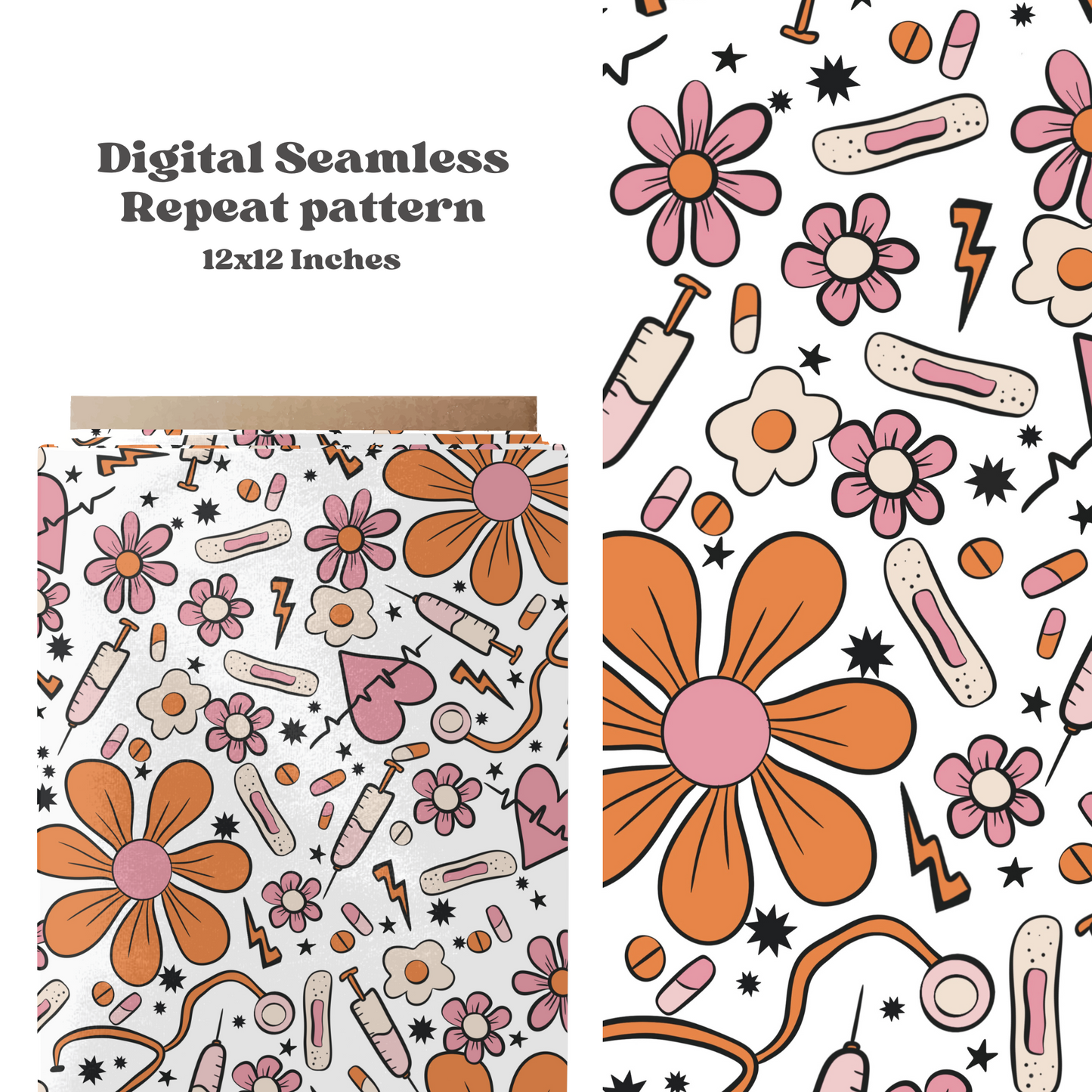 Retro floral nurse seamless pattern