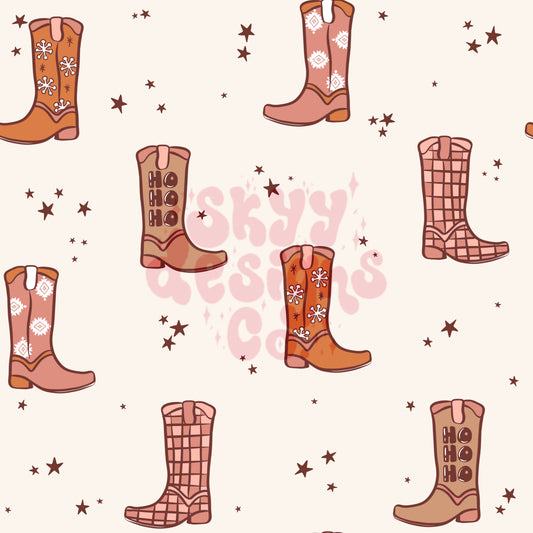Neutral Western Christmas boots seamless pattern