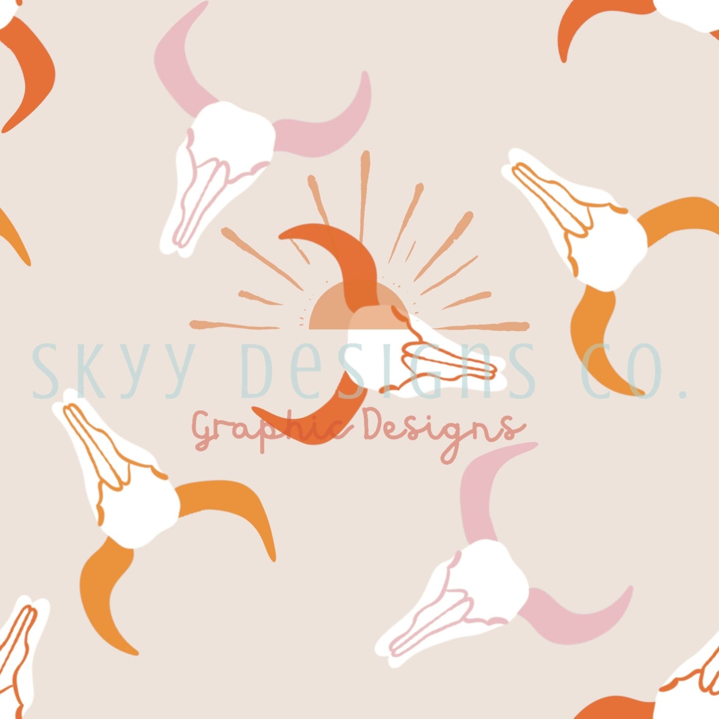 Girly western skulls digital seamless pattern for fabrics and wallpapers, Bull skull digital paper pattern, Seamless file for fabrics - SkyyDesignsCo