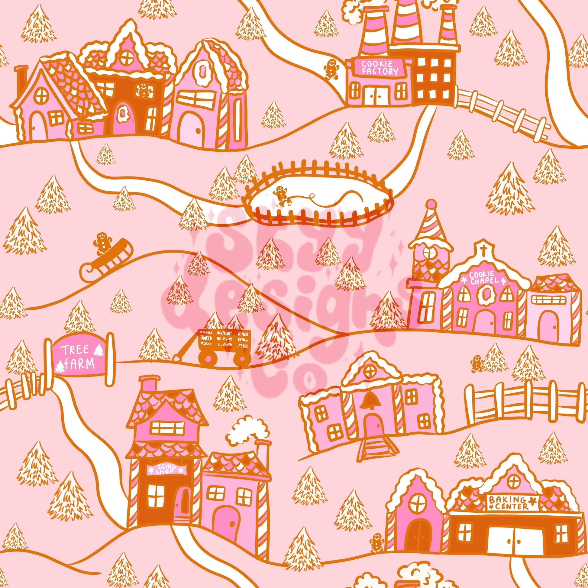 Pink gingerbread land seamless pattern SkyyDesignsCo