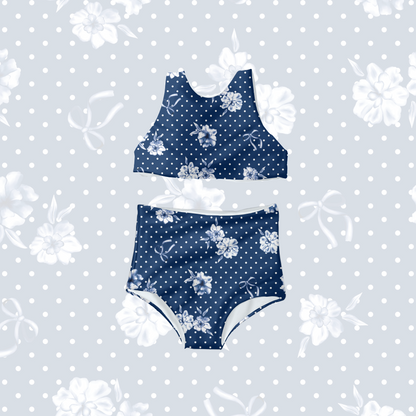 Polka dot blue Floral bows pattern