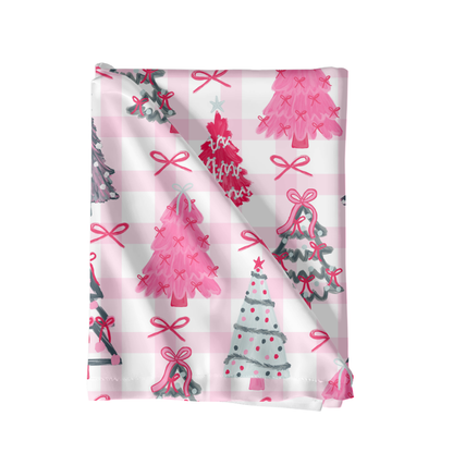 Preppy Christmas Trees Pink Gingham Background