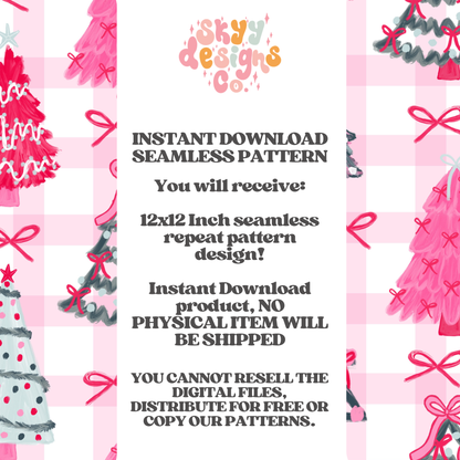 Preppy Christmas Trees Pink Gingham Background