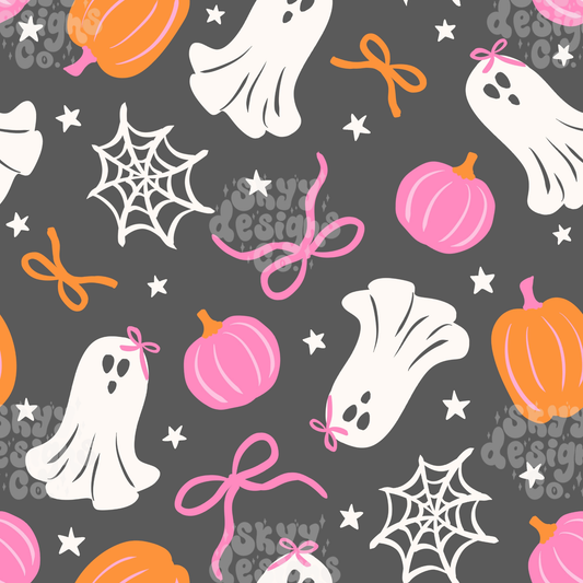 Halloween-themed pattern with ghosts, pumpkins, and webs on a gray background.