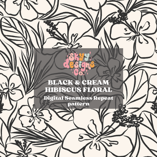 Black and cream hibiscus floral digital seamless pattern design