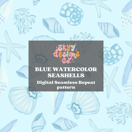 Blue watercolor seashells seamless pattern