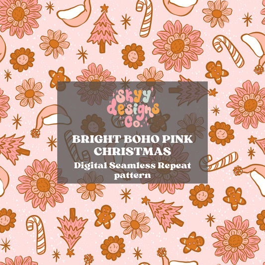 Boho floral pink Christmas seamless pattern