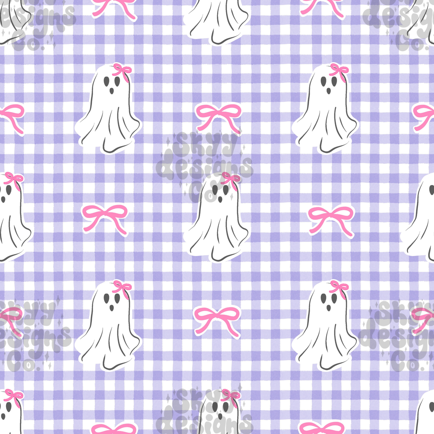 Pattern of ghosts with pink bows on a purple and white checkered background