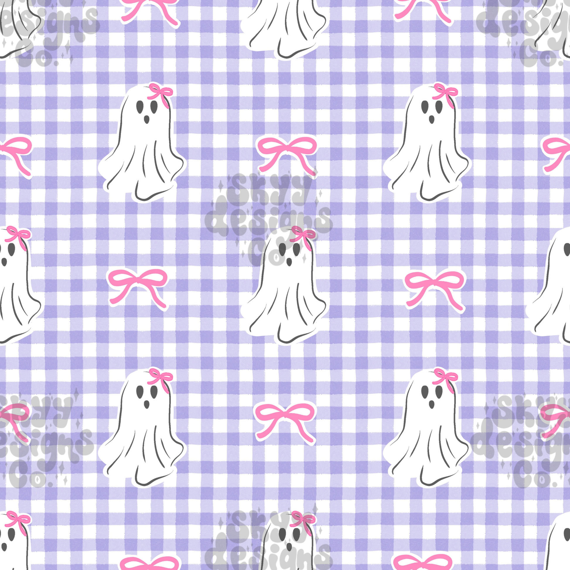 Pattern of ghosts with pink bows on a purple and white checkered background