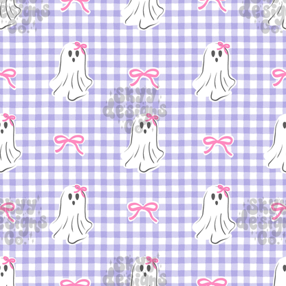 Pattern of ghosts with pink bows on a purple and white checkered background