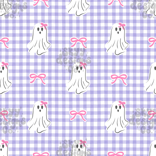 Pattern of ghosts with pink bows on a purple and white checkered background