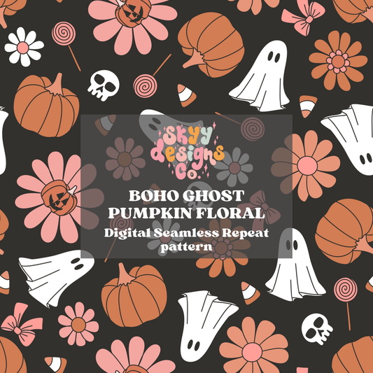 Boho Halloween Pumpkin Ghosts Seamless Pattern