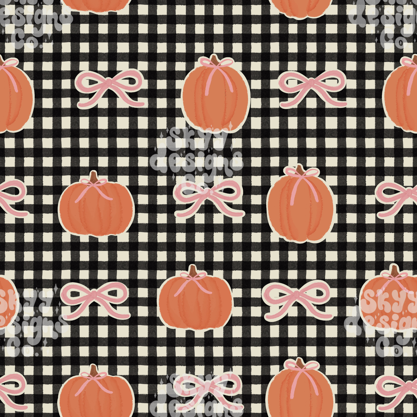 Pattern of pumpkins and bows on a black gingham background