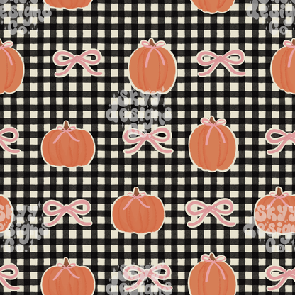 Pattern of pumpkins and bows on a black gingham background