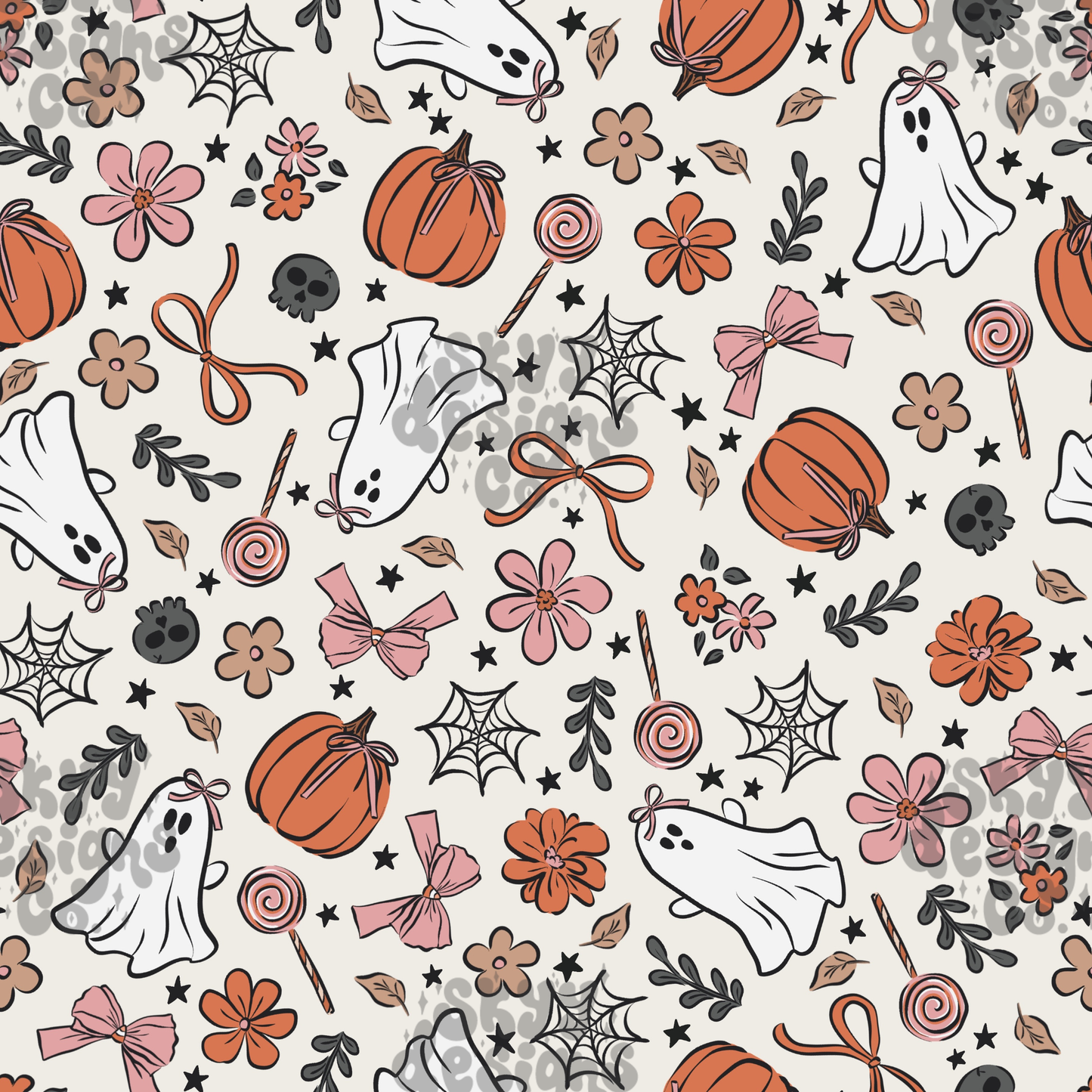 Halloween-themed pattern with pumpkins, ghosts, flowers, and ribbons on a white background.