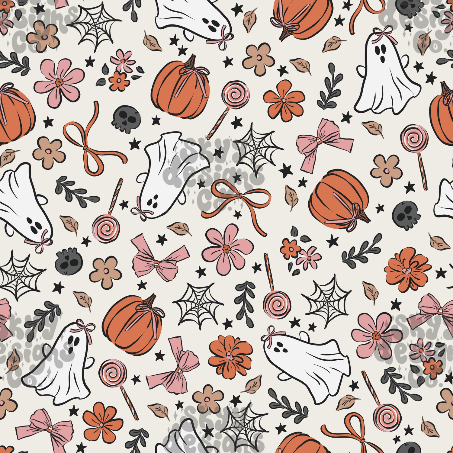 Halloween-themed pattern with pumpkins, ghosts, flowers, and ribbons on a white background.