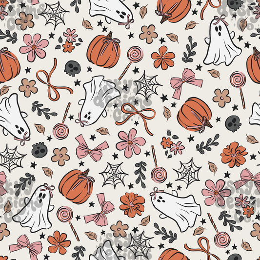 Halloween-themed pattern with pumpkins, ghosts, flowers, and ribbons on a white background.