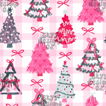 Preppy Christmas Trees Pink Gingham Background