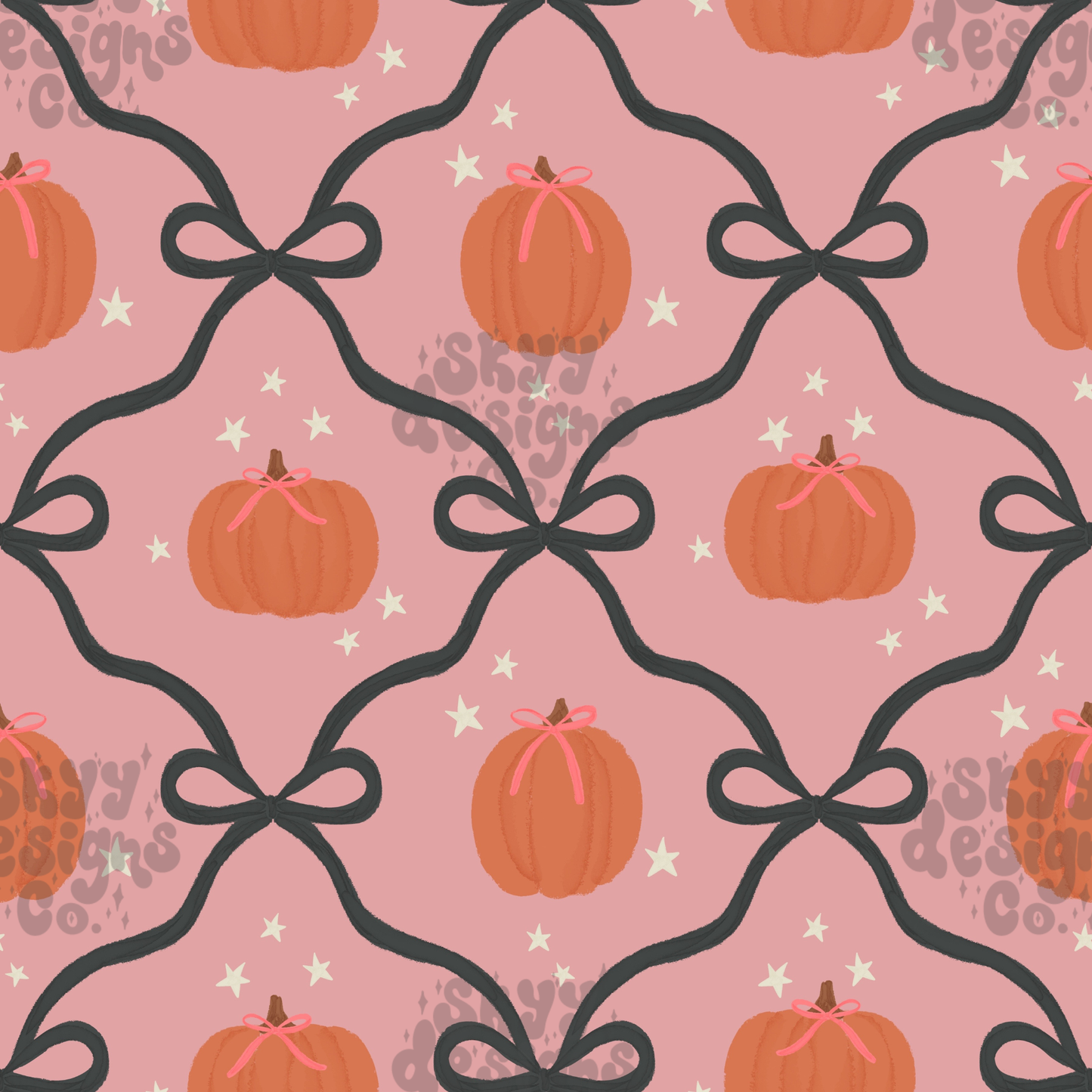 Pattern of pumpkins with ribbons on a pink background