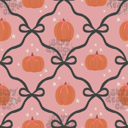 Pattern of pumpkins with ribbons on a pink background