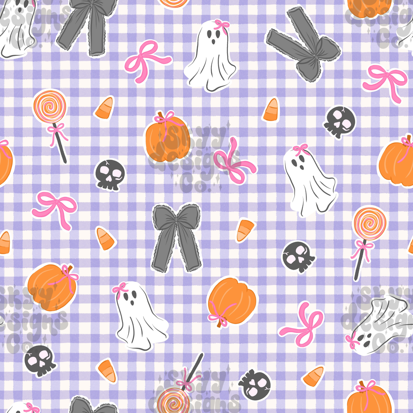 Halloween-themed pattern with ghosts, pumpkins, and lollipops on a purple checkered background.