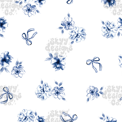 Blue dainty Watercolor floral and bows Pattern