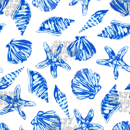 Blue Watercolor summer seashells pattern