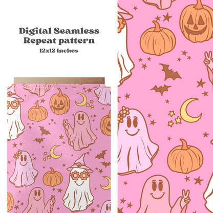 Retro Halloween Pattern Pink Background