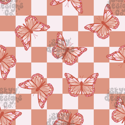 Neutral Checkered Butterfly floral Pattern