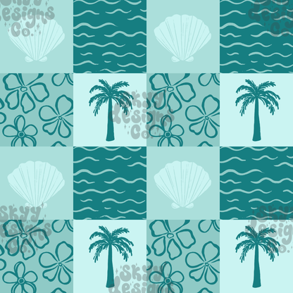 Blue summer palms patchwork Pattern