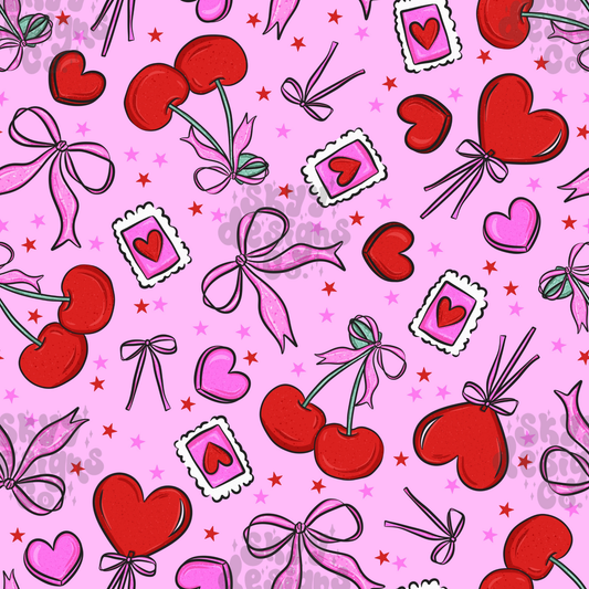 Valentines coquette bow cherries pattern