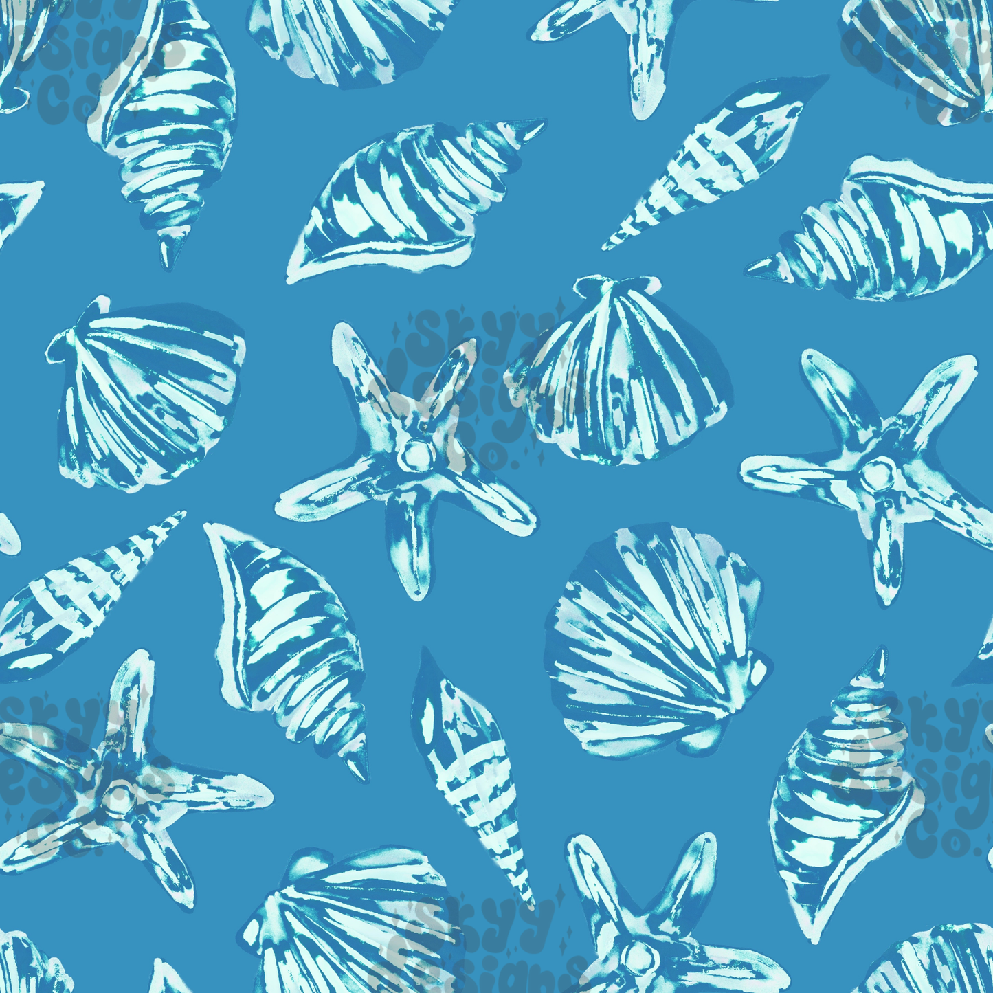 Blue and teal Watercolor seashells Pattern