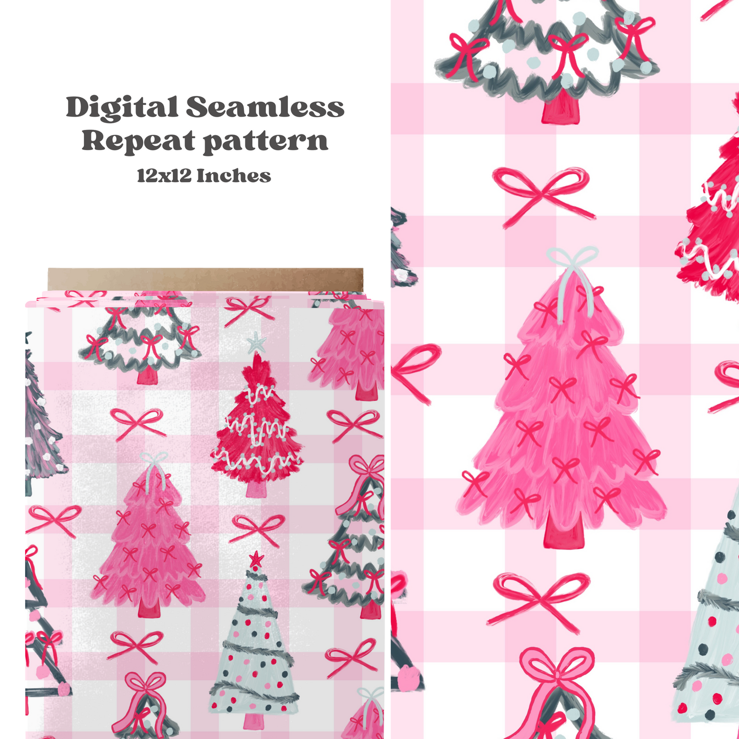 Preppy Christmas Trees Pink Gingham Background