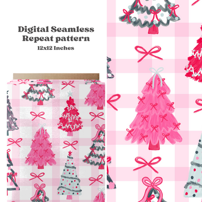Preppy Christmas Trees Pink Gingham Background