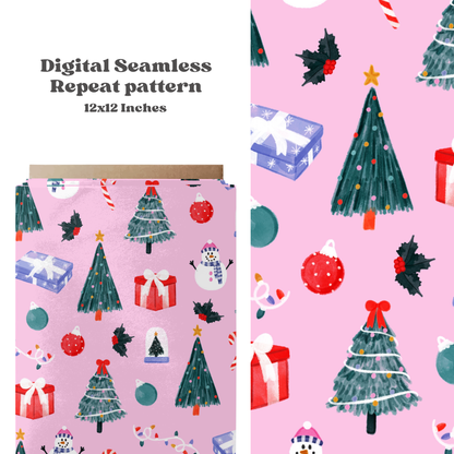 Pink Watercolor Christmas seamless Pattern