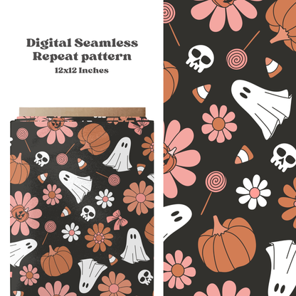 Boho Halloween Pumpkin Ghosts Seamless Pattern