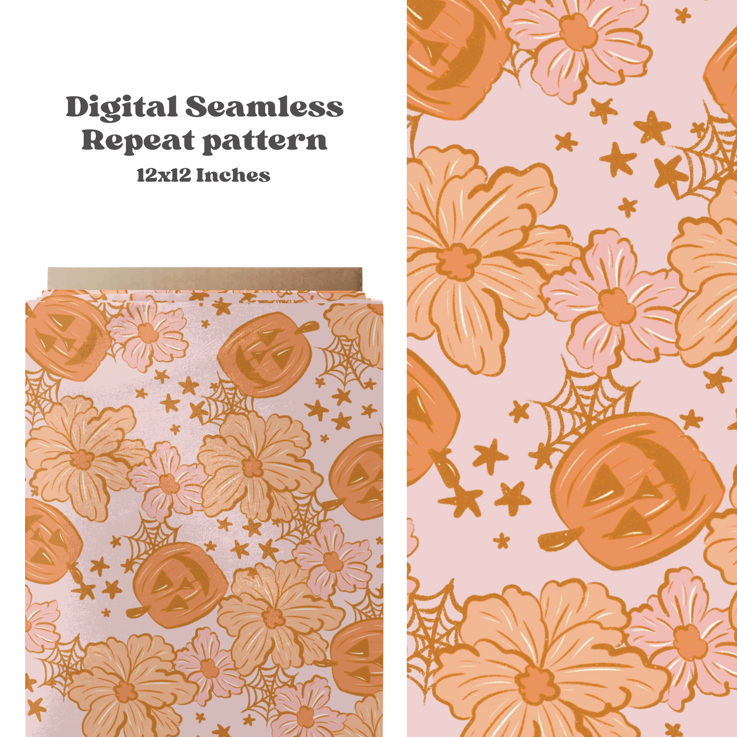 Boho Halloween pumpkin floral seamless repeat pattern