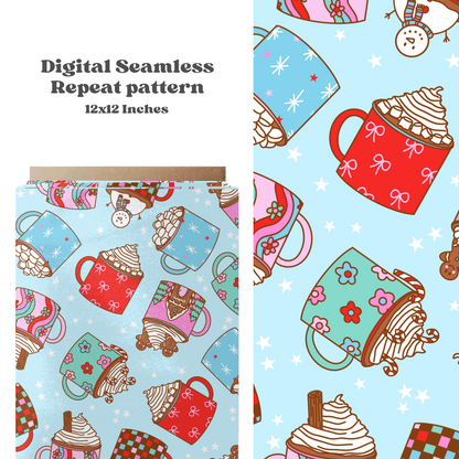 Bright Winter Hot Chocolate mugs Seamless pattern