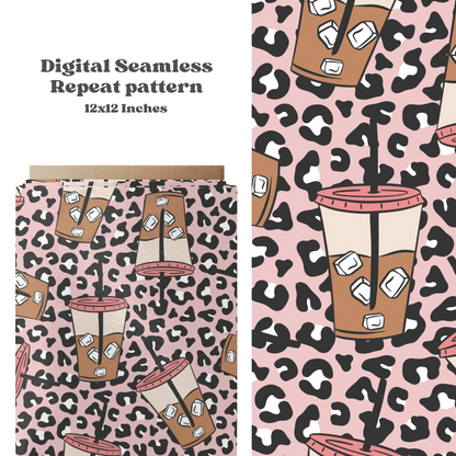 Cheetah iced coffee seamless repeat pattern