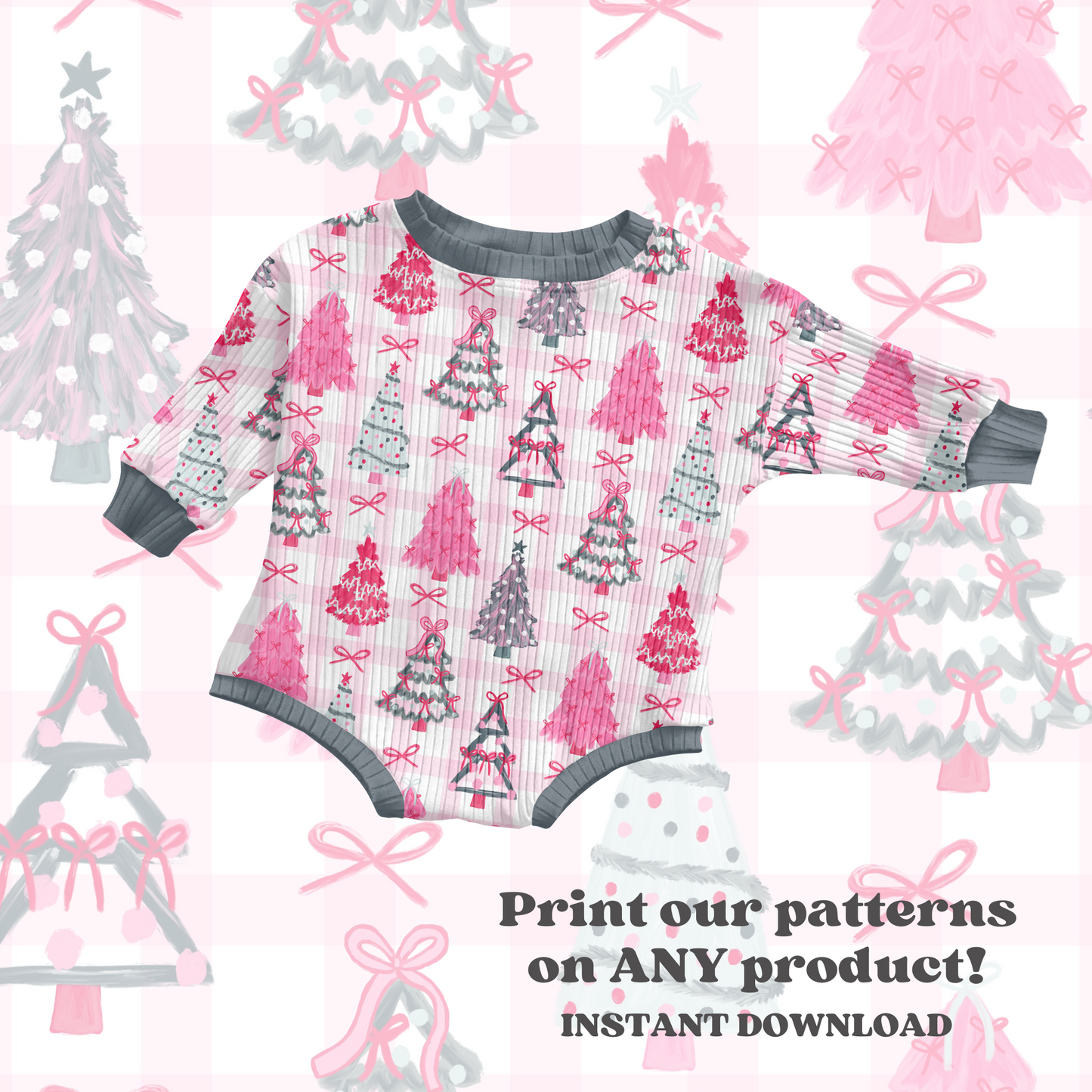 Preppy Christmas Trees Pink Gingham Background