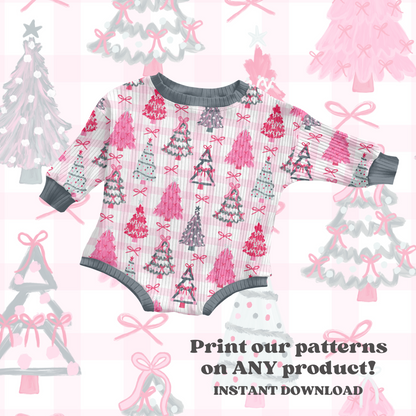 Preppy Christmas Trees Pink Gingham Background
