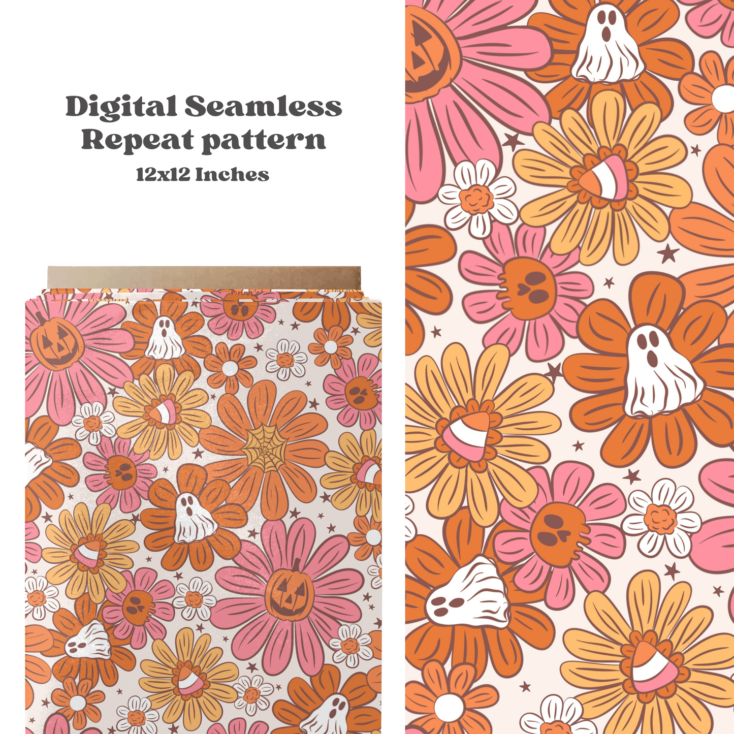 Boho spooky Halloween floral seamless surface pattern