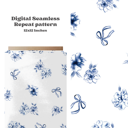 Blue dainty Watercolor floral and bows Pattern