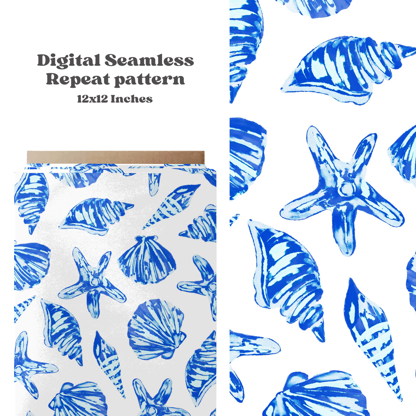 Blue Watercolor summer seashells pattern