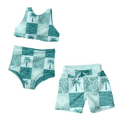 Blue summer palms patchwork Pattern