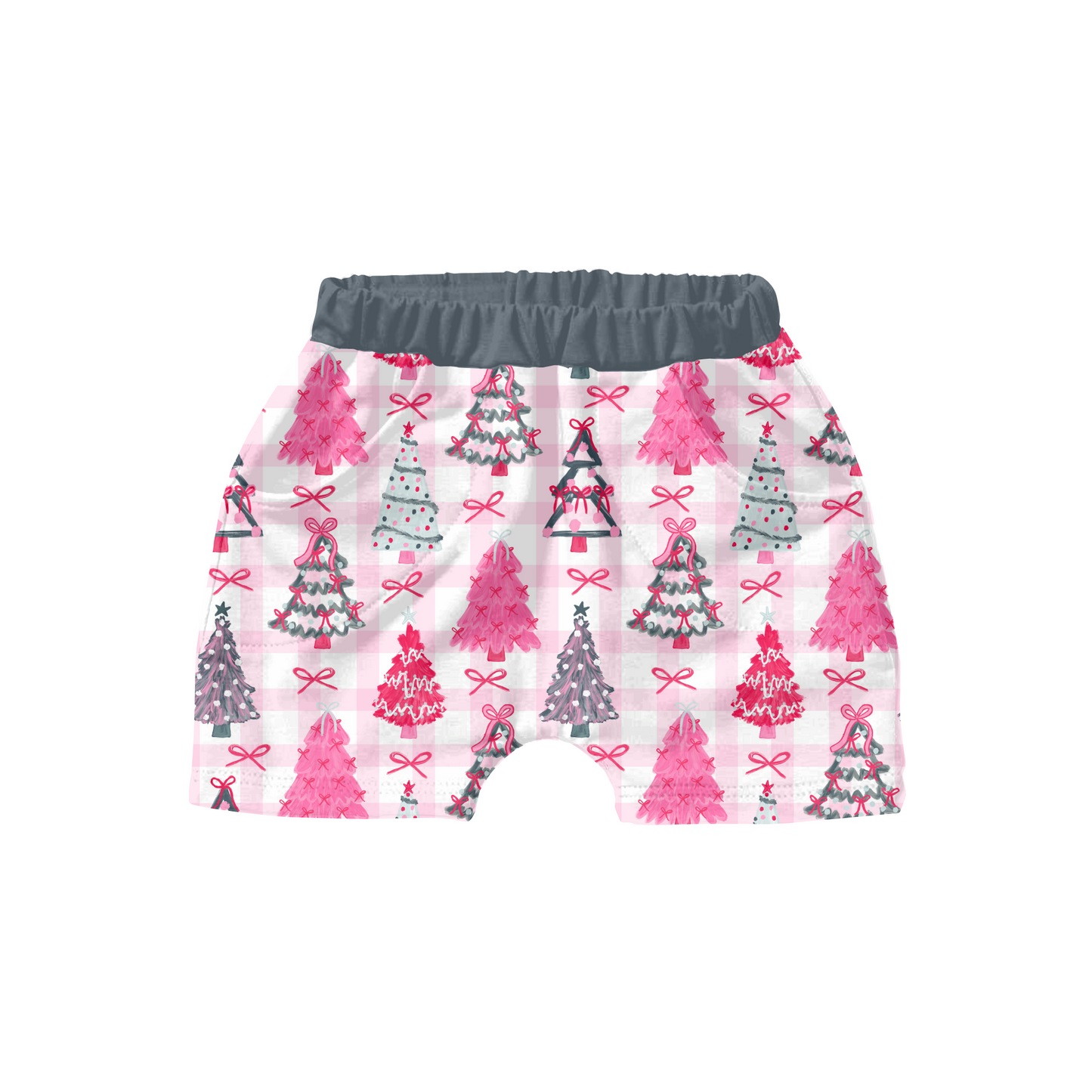 Preppy Christmas Trees Pink Gingham Background