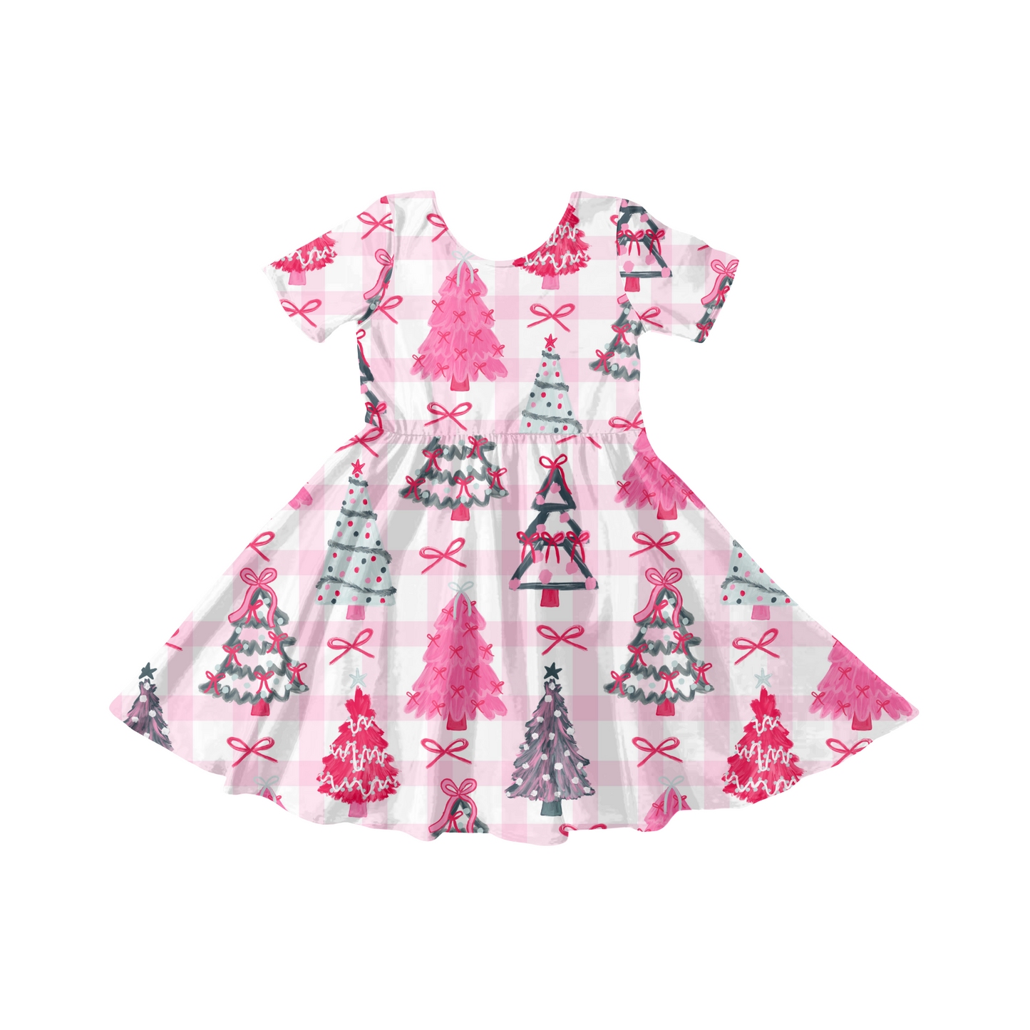 Preppy Christmas Trees Pink Gingham Background