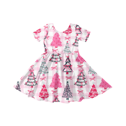 Preppy Christmas Trees Pink Gingham Background