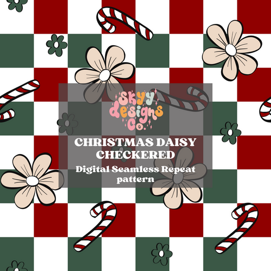 Checkered Christmas floral seamless repeat pattern