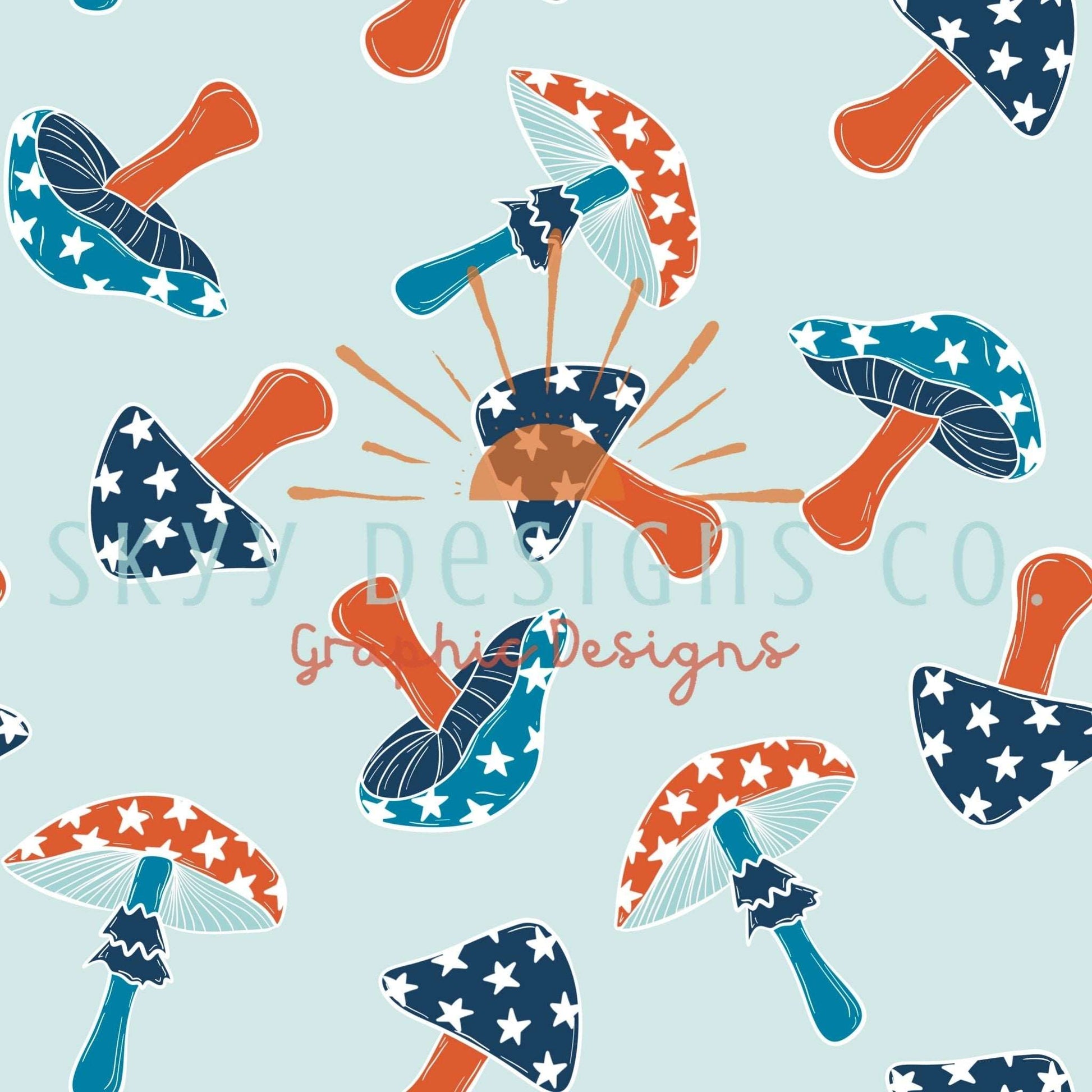 Fourth of July mushroom digital seamless pattern for fabrics and wallpapers, July mushrooms repeat pattern, Digital paper mushrooms - SkyyDesignsCo
